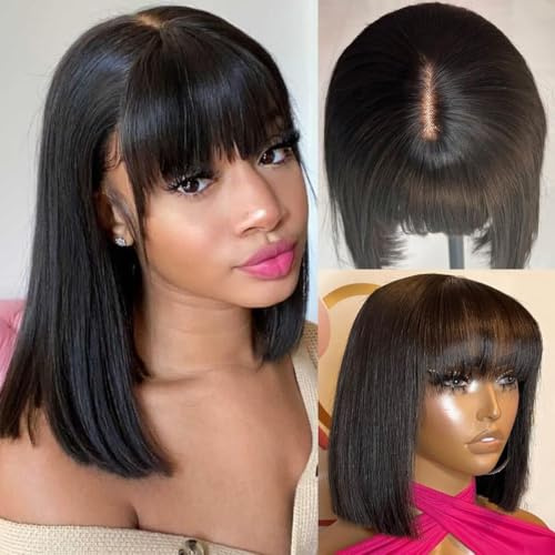 echthaar perücke 2x1 Lace Human Hair Wig, 16 Inch Straight Short Bob Wig with Bangs perücke damen echthaar Wear and Go Short Bob Wig 100% Brazilian Real Hair in Natural Black Colour