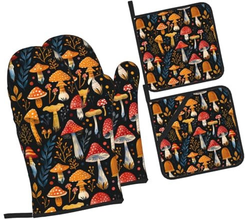 Ofenhandschuhe und Topflappen, 4er-Set, Pilz, Boho, Vintage, Küche, Topflappen, Handschuhe, hitzebeständig, rutschfest, für Koch, Backen, Kochen, Grillen, Grillen, Fäustlinge