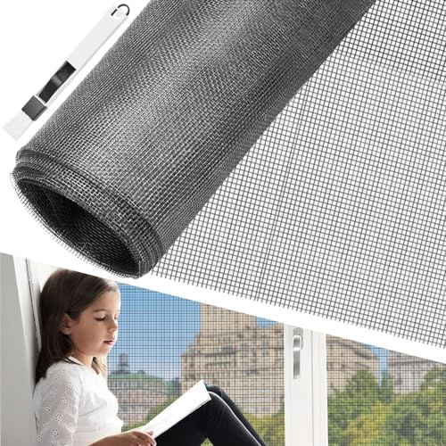 BUZIFU Fliegengitter Meterware, Fiberglas-Fliegengitter Gewebe,100x 250 cm, Insektenschutz Gaze Fenster Mesh mit Fensterputzbürste, Schutz gegen Mücken, UV-beständig für Fenster und Türen (grau)