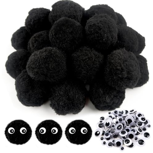 TOAOB 50 Stück 5 cm Schwarz Pompons zum Basteln Groß Pom Poms | mit Selbstklebend Wackelaugen, Bälle Kunst Bommel für Dekorieren, Verzieren Nähen DIY Lustige Kreativen Handwerk