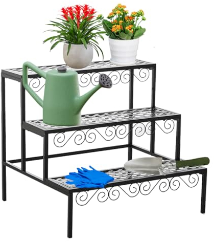 Hershii Blumentreppe Ecke aus Metall Mehrstöckig Flanzentreppe Blumenbank Plant Step Stand für Innen Draußen Zimmerecke, Garten, Balkon, Terrasse, Hof, Schwarz (Style A, Rechteckig)