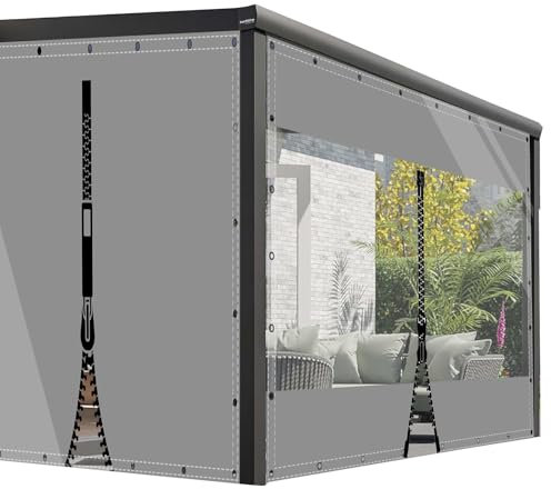 AMXFS Plane Outdoor Vorhang Plane mit Ösen Wetterfest aus PVC H1,8m*L1,2m Windschutz Regenschutzplane Terrassenplane 0,50m Planen outdoorvorhänge für Pavillon Wintergarten,Transparent & Grau & 1 RV