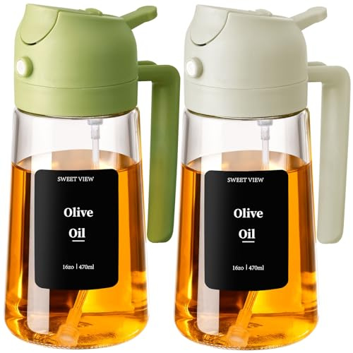 SWEET VIEW 2 in 1 Ölsprüher zum Kochen, 470ml Glasölflaschen/Olivenöl Sprühflasche für Salat, Grillen und Heißluftfritteuse (Grün, Weiß)