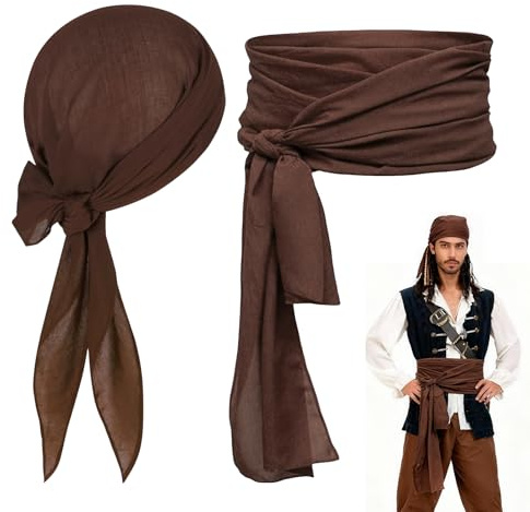 Augesak Pirate Kopftuch + Piraten Gürtel Schärpe, Pirate-Bandana Herren Damen, Piraten Stirnband Taillengürtel, Pirate Accessoires für Halloween Karneval Cosplay-Braun