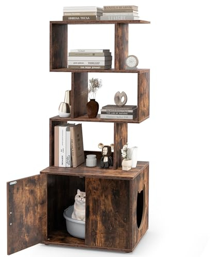 COSTWAY Cat Litter Box Enclosure with 3 Shelves | 2 in 1 Hidden Cats Washroom Furniture, Side Entrance, Indoor Wooden Cat House Bookshelf
