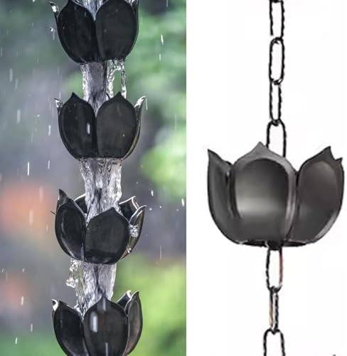 Lotusblumen-Regenkette für Dachrinnen und Fallrohre, 4 m, Kunststoff, Blumenmuster, dekorative Regenfängerkette, Outdoor, schwarze Regenkette, Länge 8,5 cm, 4 m