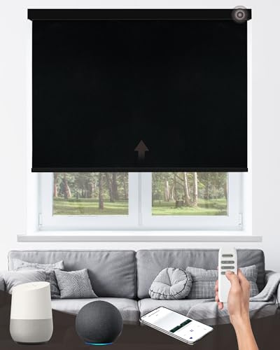 AIVDIG Motorized Roller Shade with Remote Control, 100% Blackout Electric 21-110” Width Blinds for Windows with Alexa Google Home, Rechargeable Smart Automatic Customized Size（Waterproof-Black）