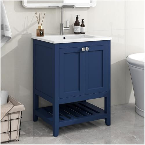 Seyakany Mobile sottolavello con lavabo in ceramica, mobile da bagno 61 x 46 x 90 cm, blu