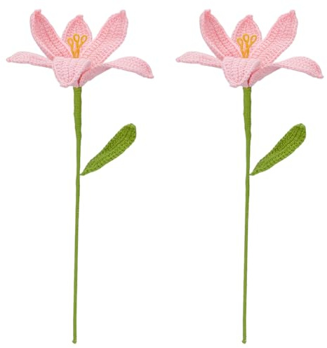 FINGERINSPIRE - 2 flores de lirio artificiales de ganchillo hechas a mano con bolsas de embalaje, ramo de flores de lirio de algodón de punto rosa con hilo de hierro, flores artificiales de ganchillo
