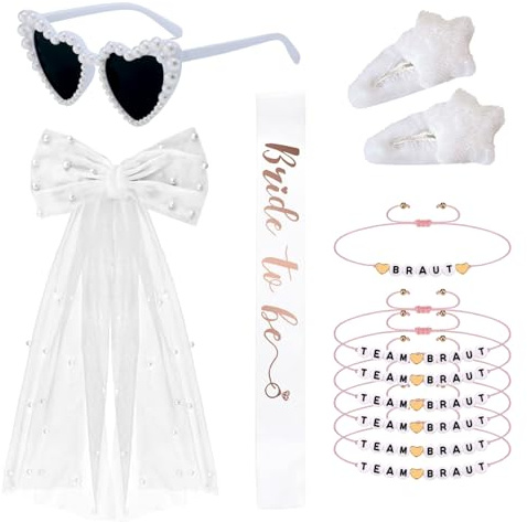 10 Stück Jga Accessoires Frauen, mit Jga Schleier,Team Bride Armbänder,Herz Perle Sonnenbrille,Bride to Be Schärpe,Weiße Schleife Haar Accessoires,Jga Deko (Weiß)