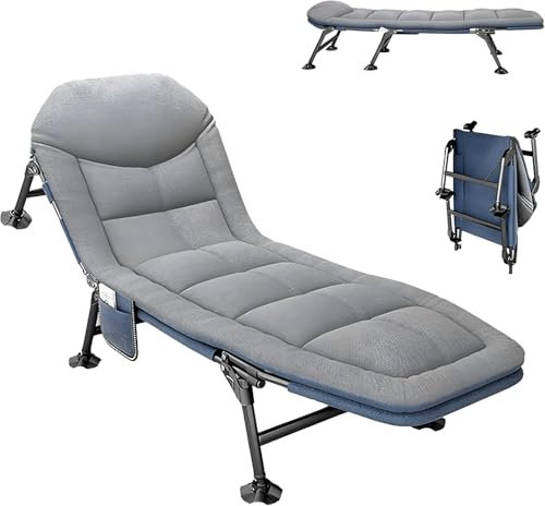 Campingliege Faltbar Leicht, Feldbett mit Matratze, Camping Bett 5-Fach Verstellbar, mit Kopfkissen und Matratze, Angelliege, Camping Liege für Outdoor, Strand und Garten, 190 x 65x30cm (grau)