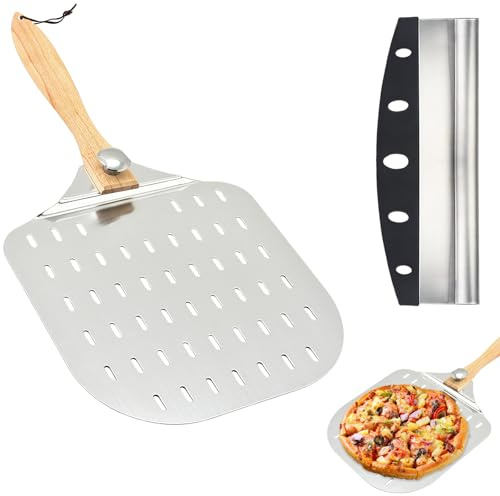 Folding Perforated Pizza Peel 12 Inch, Aluminum Metal Pizza Paddle Set, Pizzas Oven Accessories Foldable Wood Handle and Pizzaes Cutter, Pizzas Turning Peel for Homemade Pizzaes, Bread, Pie