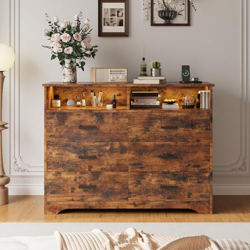 IRONCK Kommode Vintage Braun mit 6 Schubladen, Komodenschrank mit LED-Streifen und 2 Steckdosen, USB+Typ-C-Anschlusse, Schubladenschrank für Schlafzimmer, Wohnzimmer, Arbeitszimmer Flur, 120cm Breite