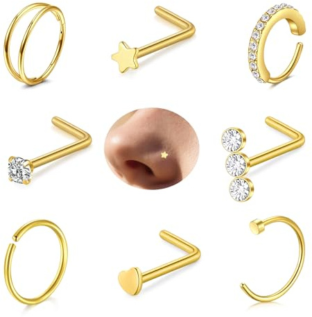 MODRSA MODRS Nostril Ring Tragus-Piercing Nasenring: 20G Chirurgenstahl Tragus Piercing Gold Zirkonia Nose Ring Frau 6Packs