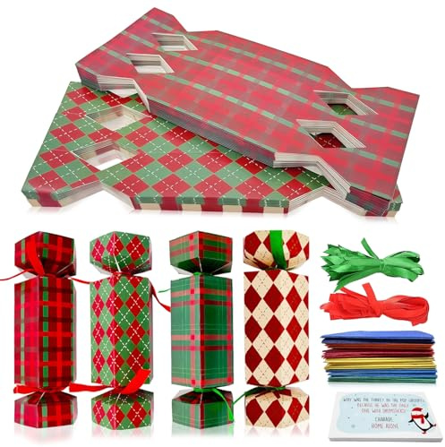 32 Pezzi Christmas Crackers Decorazioni Natale Sfuso,Cracker Natalizi Set di Lusso con Cappello Scherzi No Snap Adulti Bambini,Scatole a Quadri Rosso Verde Giochi per Feste di Natale Regali Famiglia