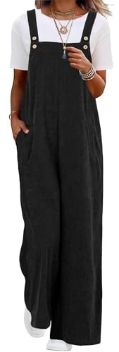 QIXING Womens Corduroy Dungarees Wide Leg Cord Jumpsuit Casual Overalls with Pockets UK (Black, L)
