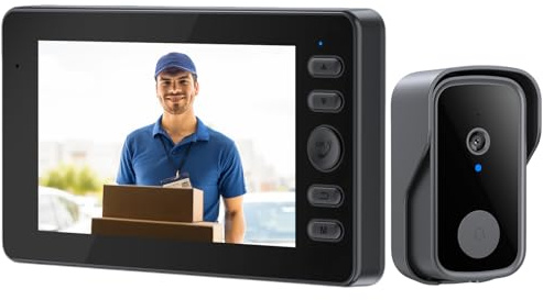Video Türklingel mit Kamera, Drahtlose Türklingel mit 4,3 Zoll Bildschirm, Bluetooth Verbindung, 4000-mAh-Akku, 170° HD Kamera Gegensprechanlage, Aktives Aufwachen, Nachtsicht, Videoaufzeichnung