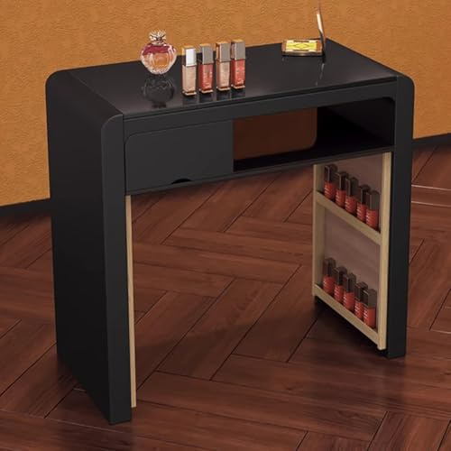 Estación de Mesa de manicura Profesional Moderna, de Madera con Tapa de Vidrio, cajones y Almacenamiento Abierto, salón de Belleza salón de uñas, Negro y vestidor, Bl82Cm