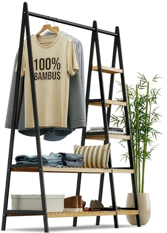 RoyalGrove® Kleiderständer, Kleiderstange, Garderobenständer, 44 x 110 x 160 cm, Garderobe, Schuhablage, offener Kleiderschrank, 7 Ablagen, Schlafzimmer, Flur, Bambus, schwarz