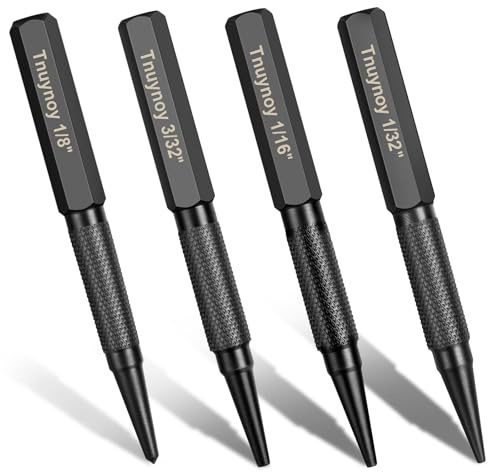 Tnuynoy 4-Piece Nail Punch and Center Punch Set, Hardened Cr-V Steel with Non-Slip Knurled Grip, 3/32, 1/32, 1/16 Nail Setter & 1/8 Center Punch Tool for Metal/Woodworking, Black