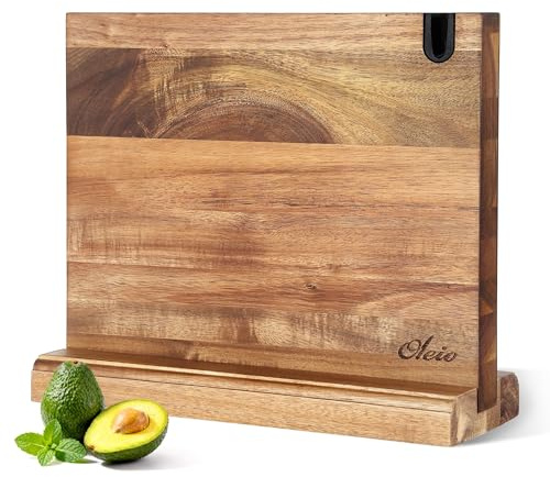 Oleio Magnetischer Akazienholz-Messerblock, ohne Messer, mit Messerschärfer | Beidseitig magnetisch für bis zu 8 Messer, 30 × 24,5 × 11,3 cm, verschraubter Sockel für stabilen Stand und schnellen Zugriff