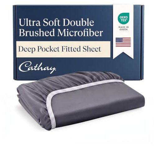 Cathay Home Twin Fitted Sheet Only, 14 Deep Pocket Ultra Soft, Grey