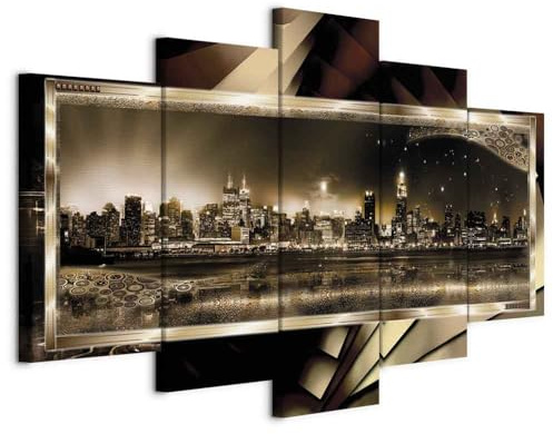 B&D XXL - Wandbilder XXL New York 200x100cm 5 tlg - Wand Deko Leinwand Bilder Groß Wanddeko Wohnzimmer Schlafzimmer Kunstdrucke - City Stadt Panorama Architektur Abstrakt braun