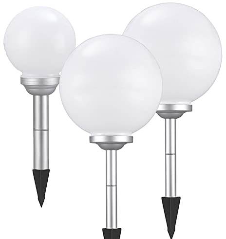 3 x LED-Solar-Kugel-Leuchte OLA Drm. 20 + 25 + 25cm mit Erdspieß, IP44 Garten-Boden-Dekorations-Stimmungs-Lampe