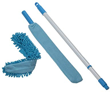 Teleskop-Staubwedel, Premium Staubwedel Lang ausziehbar bis 140 cm, extrem biegsam, Duster, Staubwischer, Waschbar, Staubfänger, Spinnenwebenentferner, inkl. 2 Microfaser-Bezügen, Flach-Wischer