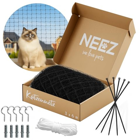 NEEZ Katzennetz für Balkon & Fenster ohne Bohren 3 x 6m - Schwarzes Robustes Katzenschutznetz inkl. Befestigungsset - Katzen Netz reißfest & wetterfest - Zuschneidbares Netz - Balkonschutz für Katzen
