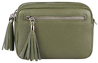 OBC Made in Italy Damen Leder Tasche Umhängetasche Schultertasche Beuteltasche Cross-Over Cross Bag Glattleder Schmucktasche Fransen Ledertasche (Olivgrün)