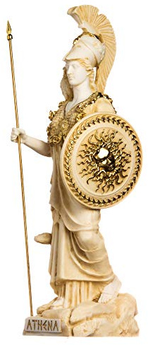BeautifulGreekStatues Athene mit Eule Medusa hält Schild griechische Göttin Alabaster Statue Gold 37 cm