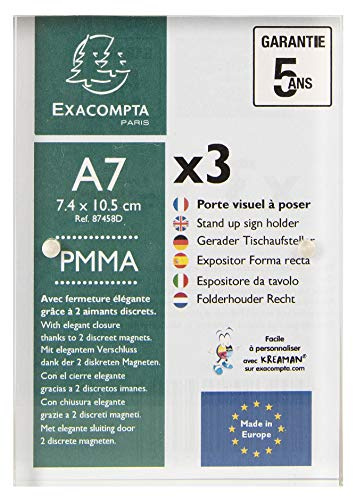 Exacompta - Ref 87458D - Soporte para carteles con cierre magnético - Adecuado para papel A7, hecho de material PMMA (acrílico), visible por ambos lados, transparente (paquete de 3)