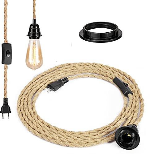 GreenSun Câble Electrique Textile, Fil électrique tissu Rétro avec E26/E27 Douille et Interrupteur, Câble 2 Noyaux (2x0.75mm²), pour DIY-Lampe, 1,5M