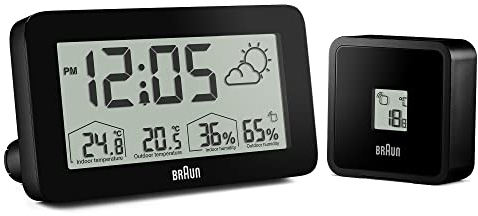 Braun Digital Weather Station Clock with Indoor and Outdoor Temperature and Humidity, Forecast, LCD display, Quick-set, Crescendo beep alarm in black, model BC13BP.