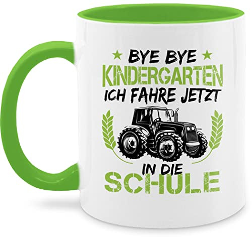 Tasse Tassen 325ml - Einschulung Geschenk Schulanfang - Bye Bye Kindergarten ich fahre jetzt in die Schule Traktor Schwarz Grün - 325 ml - Hellgrün - einschultasse schulanfangsgeschenke