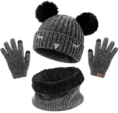 UMIPUBO Kids Warm Beanie Hat Scarf Gloves Set 3 in 1 Winter Thermal Knitted Hat Scarf Gloves Sets For Girls Boys Pom Pom Hats Neck Warmer Touchscreen Gloves For Children, 6-10 years (Black, One Size)