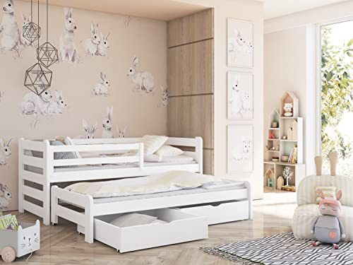Kids Collective Einzelbett 90x200 cm mit Rausziehbett 90x190 cm mit Zwei Schubladen Rausfallschutz & Lattenrosten Vollholz massiv in Weiss Kinderbett Funktionsbett 90x200cm von 4. bis 18. Lebensjahr