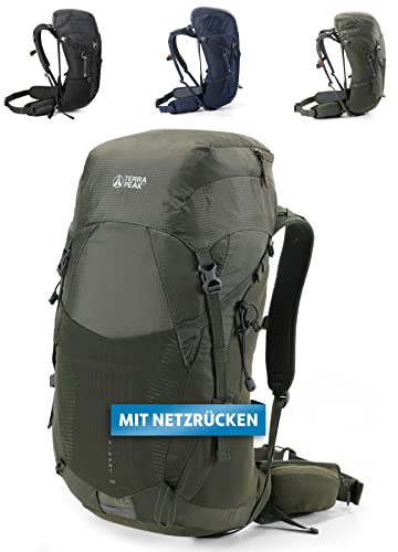 Terra Peak - Wanderrucksack Airant 40 Rückenbelüftung für Damen & Herren mit belüftetem Netz-rücken grün groß - zum Wandern und Camping mit Trinksystem-Vorbereitung - unisex outdoor Backpack leicht