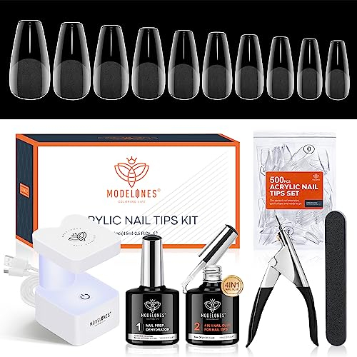 modelones Nageltips and Glue Gel Kit, 500 Pcs Full Cover Nail Tips Set, Nagelkleber & Primer für Gelnägel & Mini Nagellampe & Clipper, 10 Größen Medium Ballerina für Nagelverlängerung Salon Geschenke