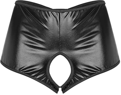 Alvivi Damen Letex ouvert-Panty Wetlook ouvert-Slip Tanga Dessous-Unterwäsche Frauen offener Schritt Kunstleder Shorts Clubwear Schwarz M
