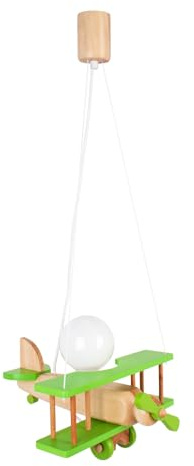 HELLUX Kinderzimmer Lampe Decke aus Holz | Deckenleuchten für Kinder | Kinderlampe Decke 70x29x32cm für Babyzimmer | Flugzeug Lampe E27 ohne Leuchtmittel (Grün/Naturholz)
