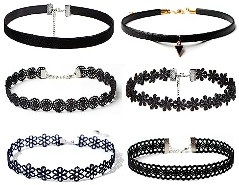 6 Stück Choker Halsband,Choker Halsketten Set,Velvet Choker Kette, Halskette Tattoo Halsband,Choker-Halskette,teiliges schwarze Spitze,Tattoo,Samt,für Mädchen Frauen Teen Mädchen Kinder(Set 2)