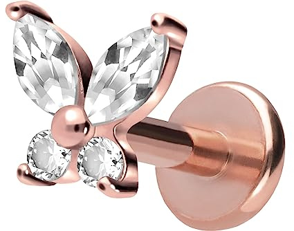 PIERCINGLINE Titan Labret mit Push Fit KRISTALL SCHMETTERLING Piercing Ohr Helix Conch Tragus Roségoldfarben 1,2x6 mm