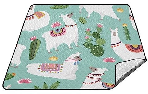 YOUJUNER Picknickdecke 200x200cm, Cartoon-Lama-Kaktus groß wasserdicht Campingdecke faltbar Strandmatte Picknick-Matte für Park, Garten, Strand Outdoor
