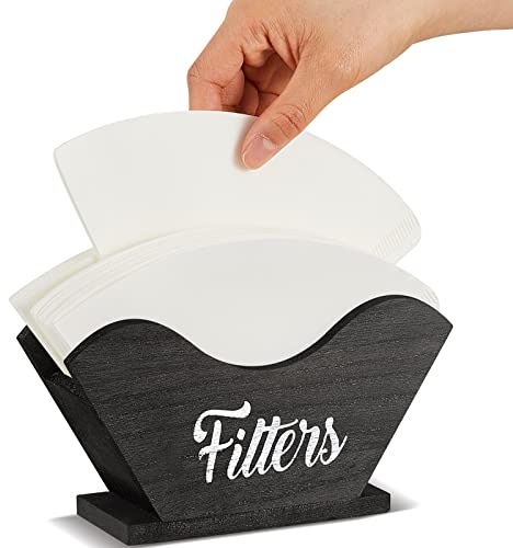 Juexica Farmhouse Cone Coffee Filter Holder Storage number 4 Rustic Wood Holder Organizer Counter Mount for Square Cone Shaped Flat Bottomed Paper(Black)