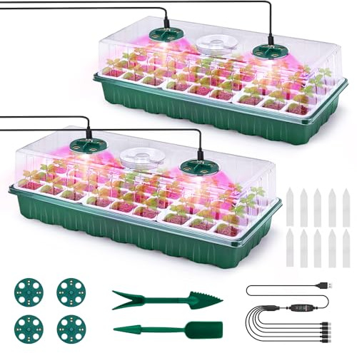 Pattiumo 2 Packs Seed Starter Tray with Grow Lights, 72 Cells Silicone Seed Starter Kits with Humidity Dome, 3 Lights for Seed Starting, 4 Timing Set, 8 Full Spectrum Germination Kit for Plant Seeds