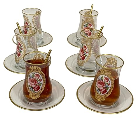 Lot de 18 tasses à thé faites à la main (6 tasses à thé, 6 soucoupes et 6 cuillères à café) - Tasse à thé turque en verre pour la maison et les proches - Verre multifonction (rose)