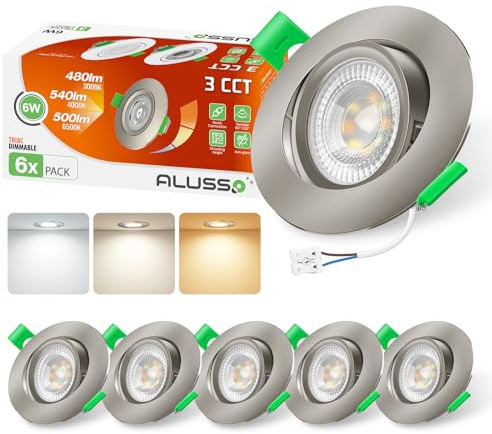 ALUSSO Schwenkbar 3CCT LED Einbaustrahler 230V Dimmbar 6W 540LM, 6er Set | Nickel Gebürstet Spots Deckenleuchte 3000K 4000K 6500K, Deckenspots mit Abnehmbar Modul Einbauspots LED für Badezimmer Küche