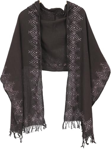 GURU SHOP Handgewebter Baumwollschal mit Kapuze, Tribalmuster | 100% Baumwolle, handbedruckt, vielseitig verwendbar, ideal als Schultertuch, Poncho oder Stola.